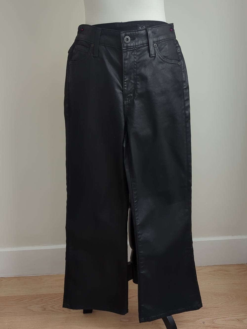 NWOT AG Adriano Goldschmied Quinne Crop High-Rise Coated Flare Leatherette Jeans